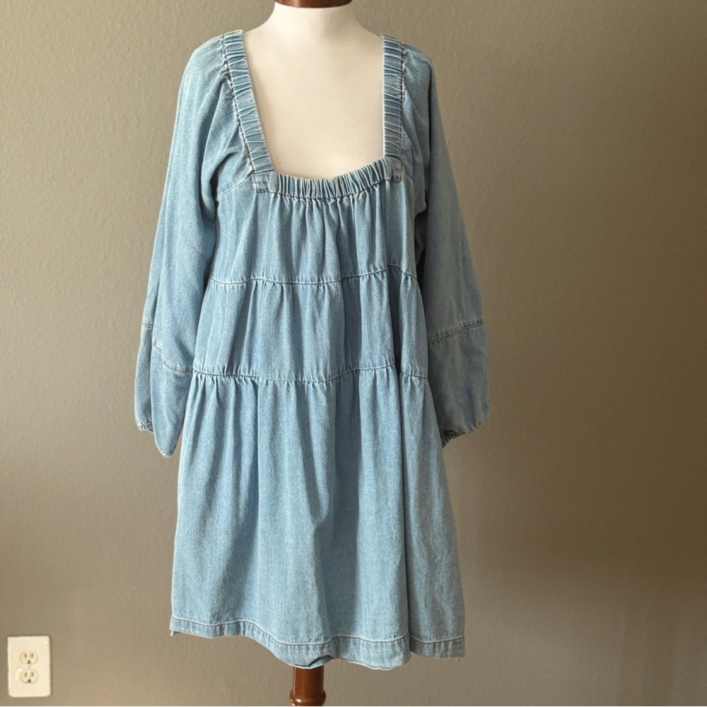Free People Blue Jean Babydoll denim mini dress Sz XL Fall western boho chic - Picture 3 of 11